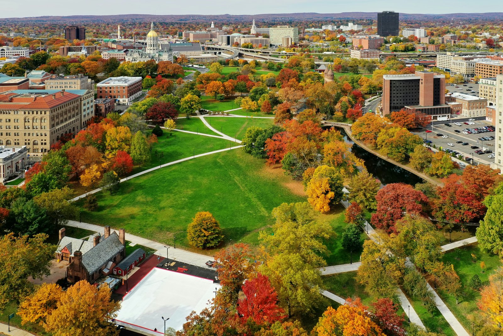 An aerial view of a city and campus in autumn