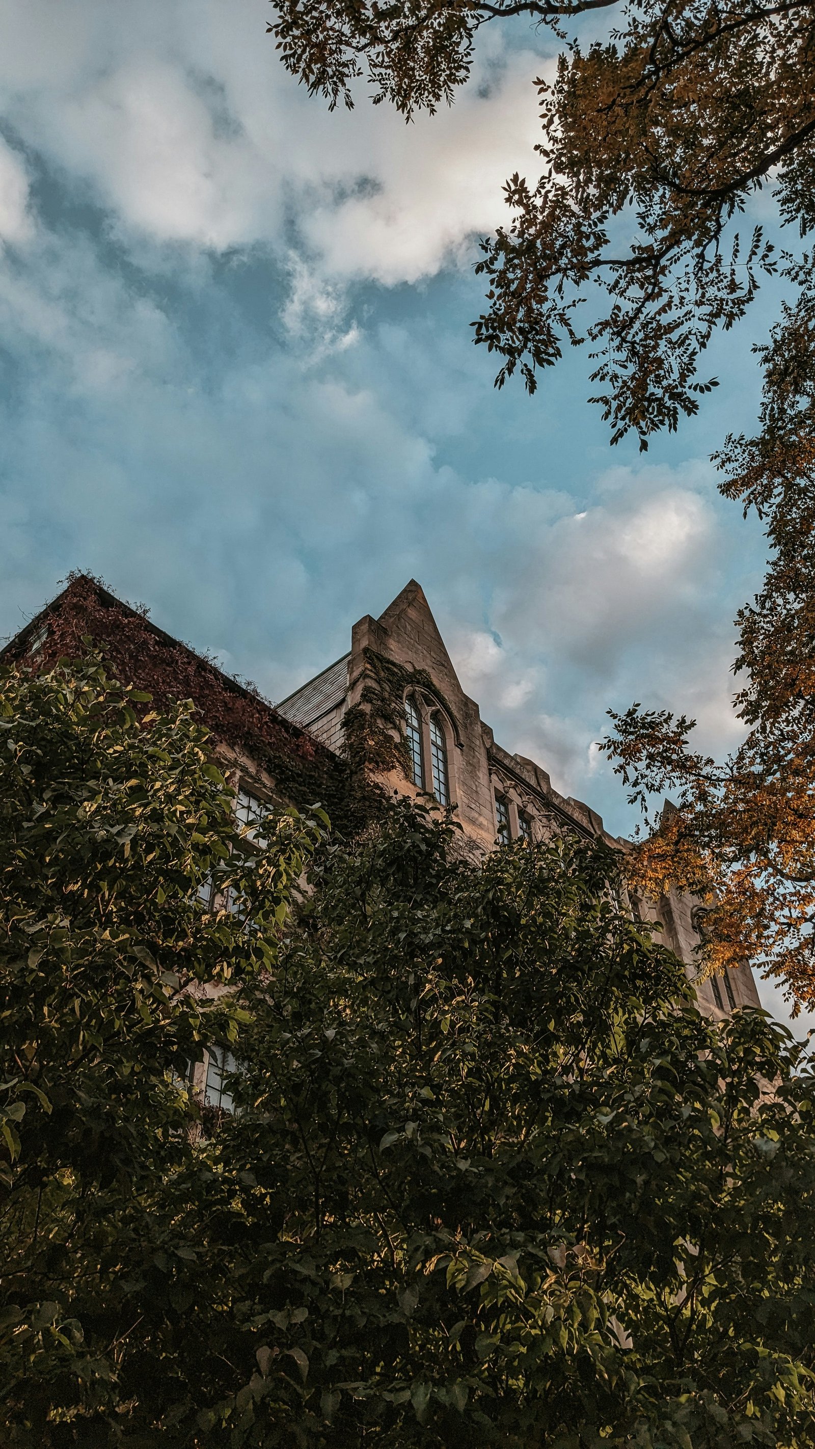 A college gable seen through trees